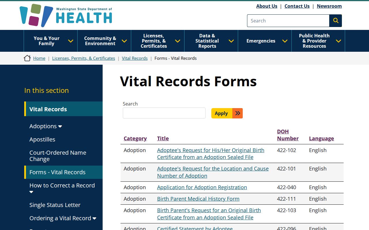Marysville people search using Washington vital record forms